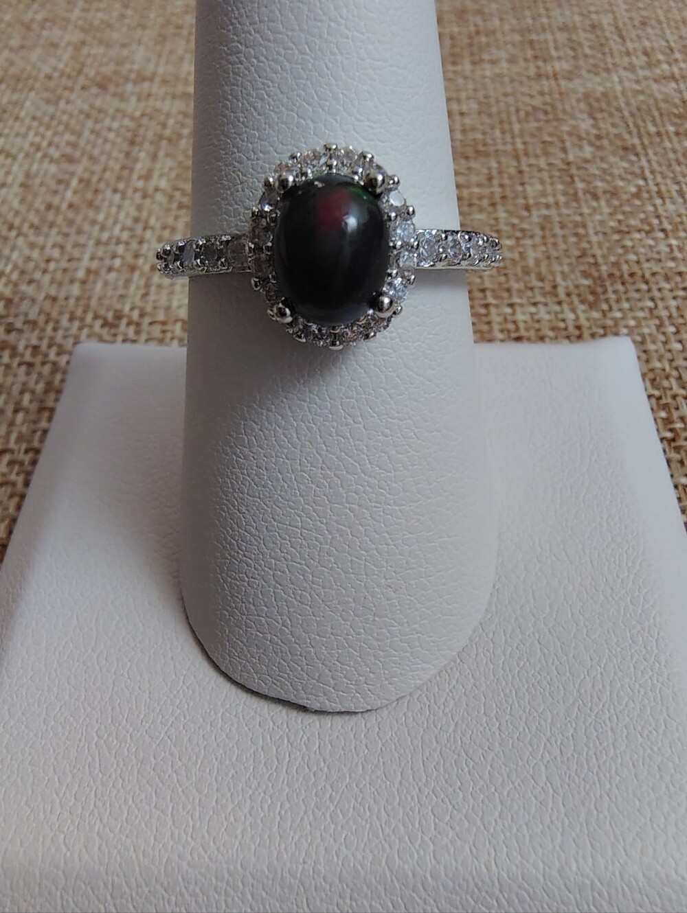 Simulated Black Fire Opal Halo Adjustable Ring